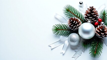 Festive Winter Holiday Decorations Pinecones, Silver Ornaments, and Evergreen Branches on a Clean White Background, Perfect for Christmas and New Year Celebrations, Capturing the Spirit of the Season