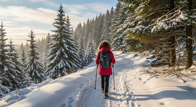 A person in a red jacket hikes on a snowy path, flanked by snow-covered evergreen trees, on a sunny winter day