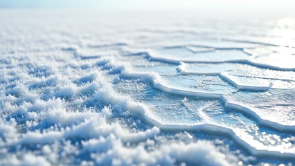 Captivating close-up of delicate ice formations and intricate frost patterns on a vast frozen surface, showcasing the stunning natural textures of a cold winter environment, perfect for background use