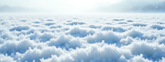 A serene panorama of a frosted landscape, showcasing a detailed texture of ice crystals under a soft, diffused light, evoking a sense of tranquility and the beauty of winter
