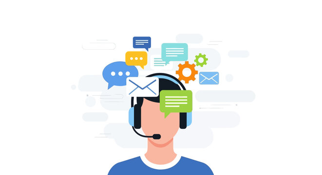 Customer support agent with headset and communication icons