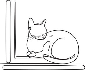 Continuous Line Art Illustration of Cat Curled on Window Ledge