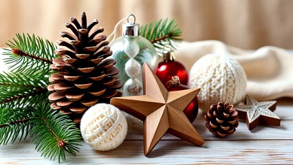A charming and nostalgic Christmas composition with a vintage aesthetic, showcasing a rustic bronze star, natural pine cones, and festive ornaments on a light wooden background