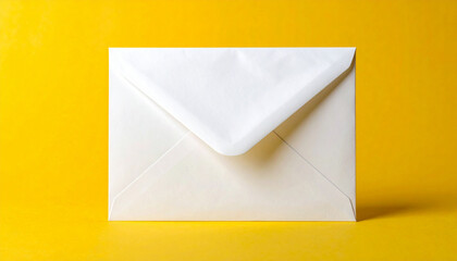 Blank white envelope on yellow background, minimalistic composition, isolated product mock-up.
