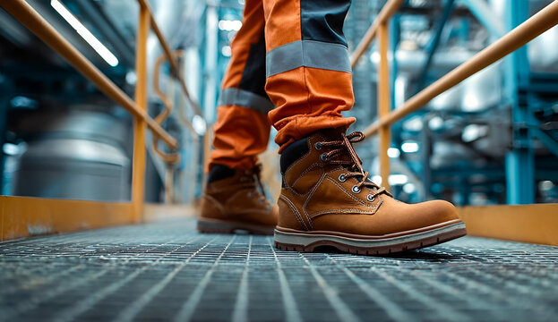 Close-up of safety boots on a metal walkway in an industrial setting, highlighting the importance of workplace safety.