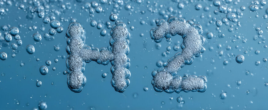 Close-up of water bubbles creating the molecular formula H2, symbolizing hydrogen and its importance in chemistry.