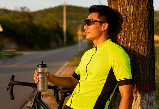 outdoor cycling lifestyle scene with athlete and bicycle relaxing by roadside
