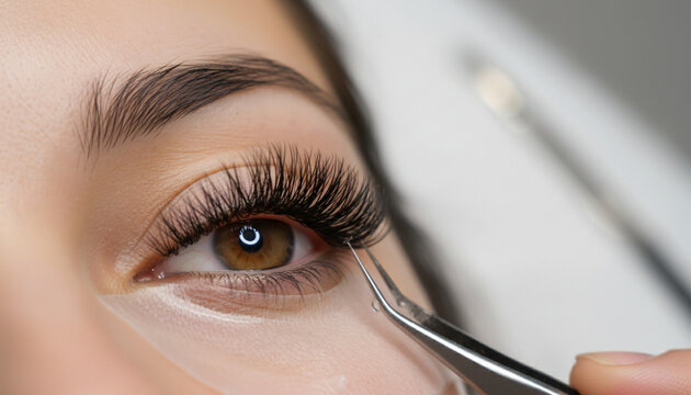 Professional beauty technician meticulously applying individual false eyelashes to a woman's eye, enhancing natural beauty for a captivating and glamorous aesthetic