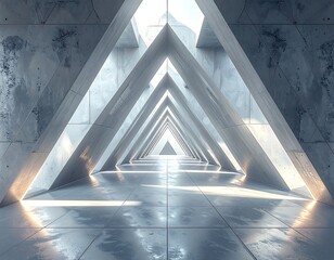 Futuristic triangular hallway with polished concrete and bright natural light