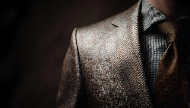Close-up of a stylish brown suit with a tie, emphasizing texture and elegance for formal occasions or professional attire.
