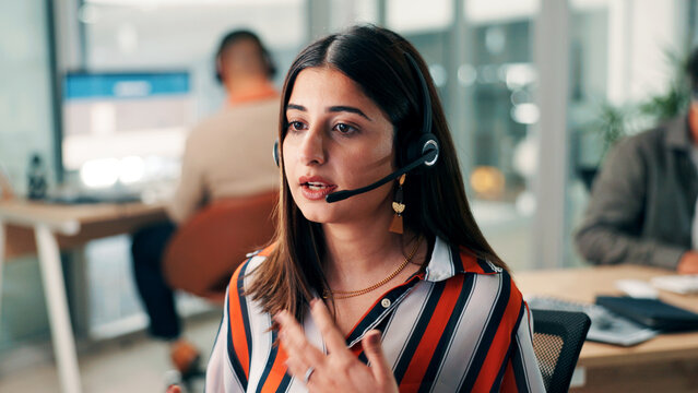 Customer service, woman and talk in office with telecom for company policy info, HR onboarding or admin. Human resources consultant, coworking and discussion for business rules, protocol and support.