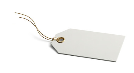 Blank white paper gift tag with string isolated on white background