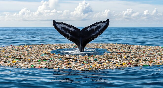 Whale tail rising from calm blue ocean inside dense circular raft of floating plastic trash, stark metaphor of great pacific garbage patch, marine pollution and global environmental crisis