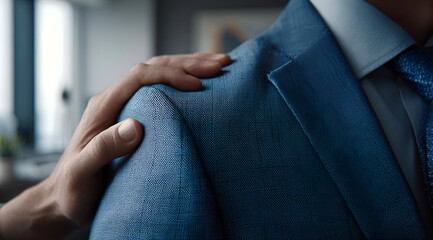 Close-up of a professional man's suit, capturing an encouraging hand on the shoulder, symbolizing support and teamwork in business.