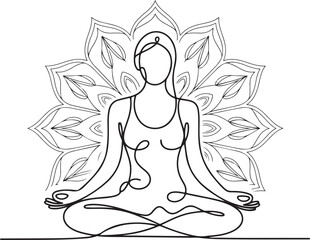 Continuous Line Art Illustration of Woman in Yoga Lotus Pose with Mandala