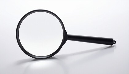 Magnifying glass with black handle on white surface showcasing optical clarity and investigative symbolism