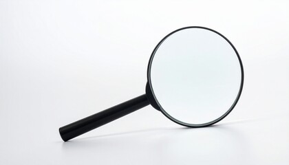 Magnifying glass with black handle on white surface showcasing optical clarity and investigative symbolism