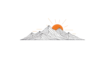 A minimalist line art illustration of majestic mountains under a radiant sun, capturing the essence of natures beauty and tranquility isolated on transparent background