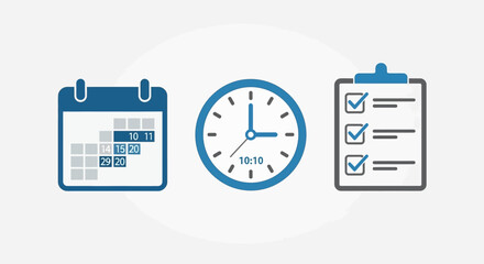 Calendar, clock, checklist icons for time management, planning on