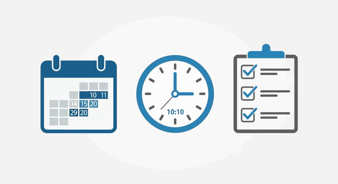 Calendar, clock, checklist icons for time management, planning on