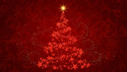 Christmas tree shape formed by red stars with a bright star on top, against a red patterned background.