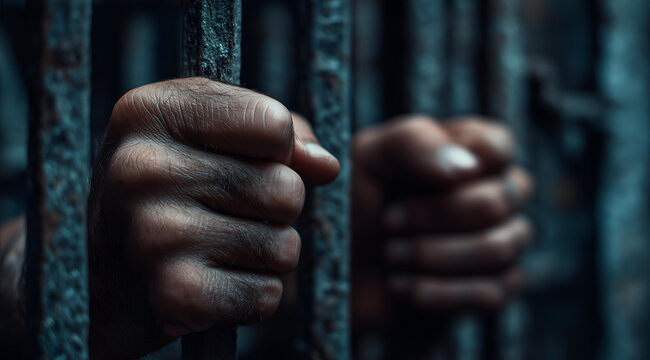 Close-up of hands gripping prison bars, symbolizing confinement and the struggles of incarceration in today's society.