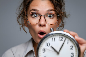 Surprised woman with glasses holding a clock, conveying urgency and the significance of time management in daily life.