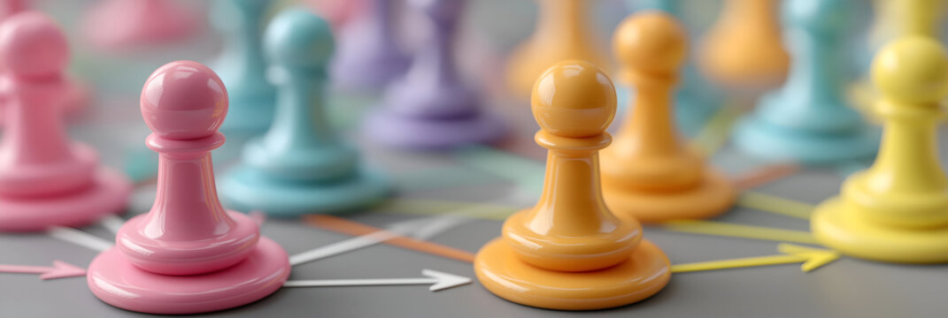 Close-up view of colorful game pieces on a strategic board, symbolizing fun and competition in board gaming activities.