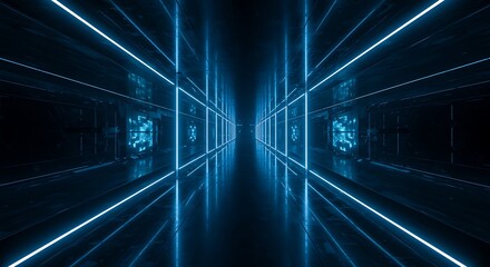 Futuristic tunnel bathed in electric blue light, reflecting on polished floor, leading to infinite space