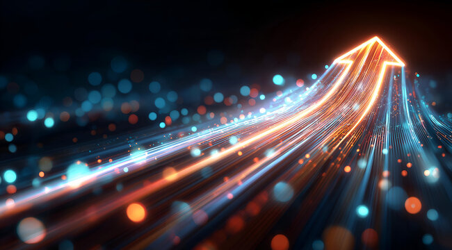 Dynamic digital arrows illuminate the future, representing growth and progress through vibrant light trails.