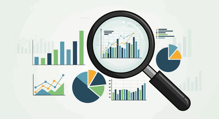 Magnifying glass analyzing business data, financial charts, and market reports