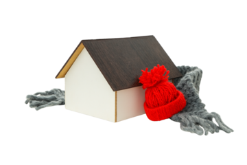 House wears knitted hat and scarf for warmth, isolated on white, PNG