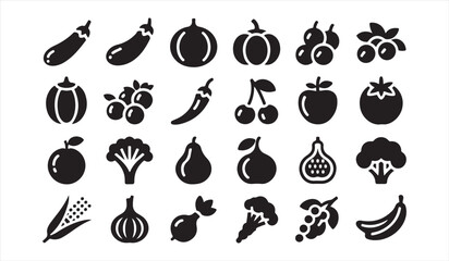 Healthy Fruits and Vegetables Icon Set for Nutrition, Organic Food, and Grocery Graphics