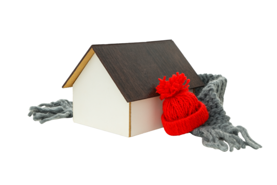 House wears knitted hat and scarf for warmth, isolated on white, PNG