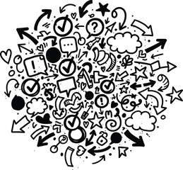 Hand drawn doddle items like love, star, light, line, volt, crown etc isolated on white background.