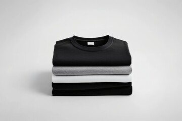 Stacking pile of folded blank black, grey, gray, and white t-shirts with a round neck and a white background cutout. A mockup template for graphic design artwork,
