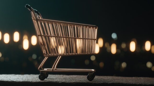 Empty miniature shopping cart with bokeh lights background. - Powered by Adobe