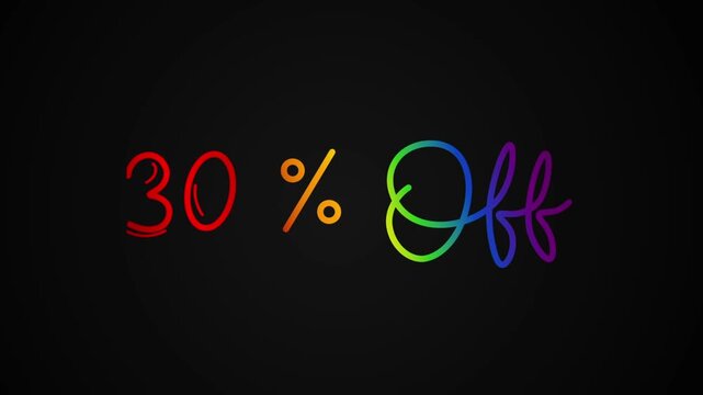 30% offer One line continuous animated typography intro outro, hand drawn calligraphy monoline vintage text on background, sale aniamted Calligraphy lettering video rainbow type on black background bg