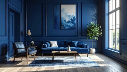 Blue tufted armchair near window in navy-paneled room with wood flooring showcasing minimalist elegance and moody interior design