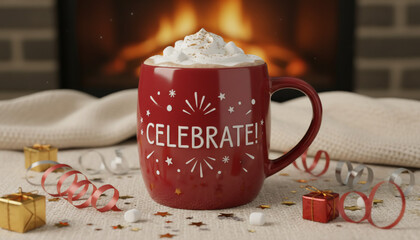 A red mug with "Celebrate!" text filled with hot chocolate and whipped cream, with gifts and a fireplace in the background.