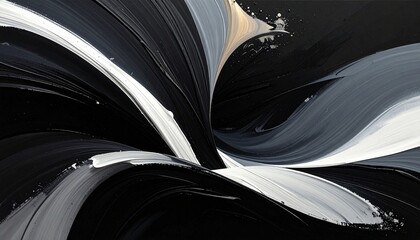 Abstract painting with black, gold, and white curved brushstrokes on dark background showcasing expressive motion and artistic contrast