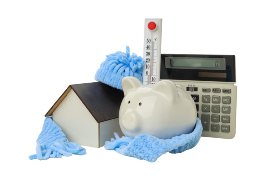 Winter prep: piggy bank and thermometer, isolated on white, PNG