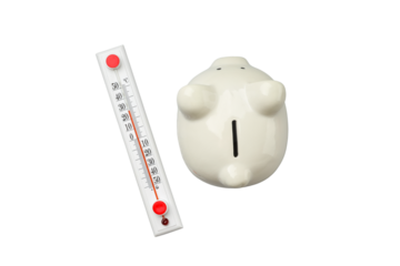 Piggy bank and thermometer, isolated on white, PNG