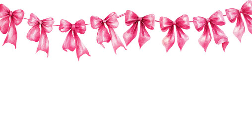 Watercolor pink bow with flirty ribbon garland creates a delicate girly frame. Cute retro border design for Valentine's Day, romantic designs, etc. Vector illustration.