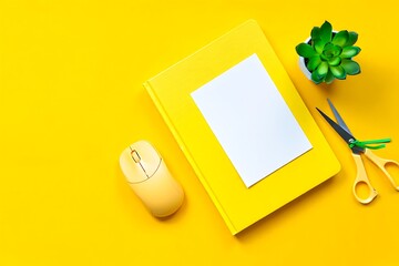 Bright yellow workspace with book mouse scissors and plant