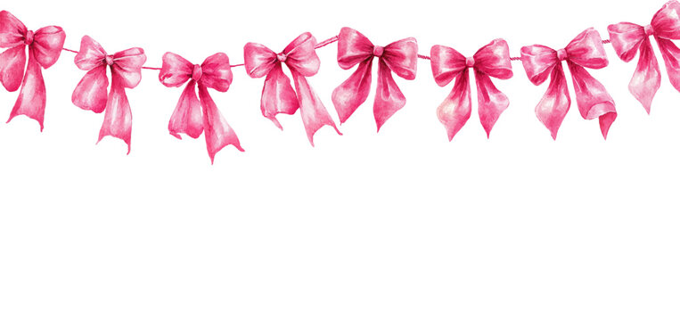 Watercolor pink bow with flirty ribbon garland creates a delicate girly frame. Cute retro border design for Valentine's Day, romantic designs, etc. Vector illustration.