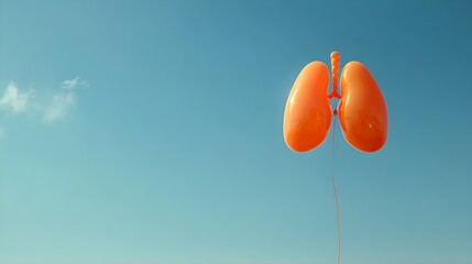 Minimal surreal concept with balloon shaped as human lungs floating against clear blue sky, creative health awareness idea --ar 16:9