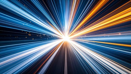 Abstract burst of orange and blue light with star-like particles on dark background showcasing cosmic energy and conceptual astrophysics