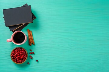 Flat lay of books coffee and pomegranate seeds on a turquoise wooden background