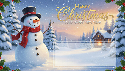 A festive Christmas scene featuring a snowman, snow-covered trees, a cozy cabin, and the greeting "Merry Christmas and Happy New Year.".
